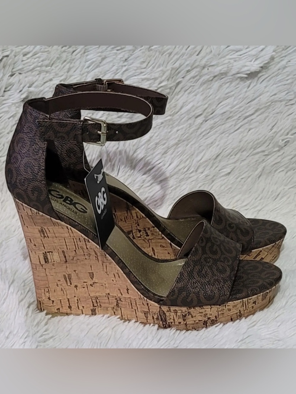 GBG Los Angeles Dark Brown Patterned Cork Wedge Sandals
